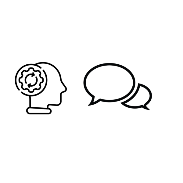 Line drawing of a head with a gear turning and a speech bubble